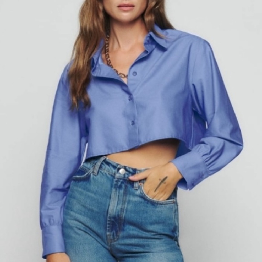 Reformation Noah Cropped Shirt Top Striped Blue Pink Button Down 2 4 6 S…